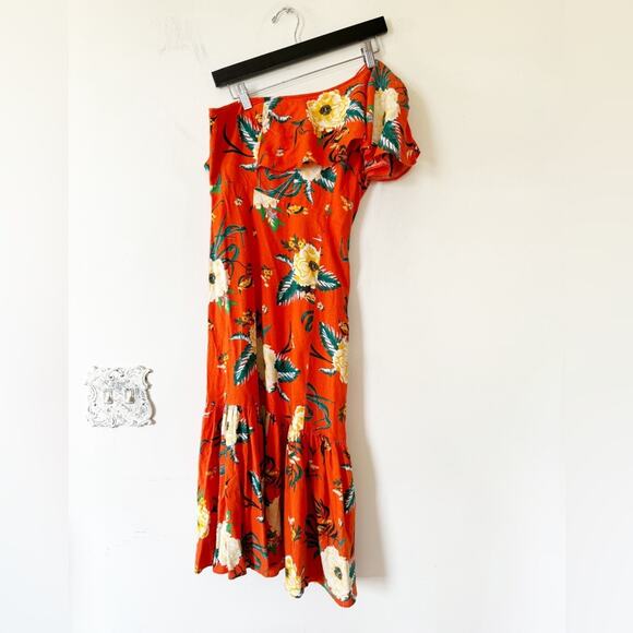 Urban Outfitters Carmen Tropical Floral Linen One Shoulder Ruffle Midi Dress S - Picture 4 of 10